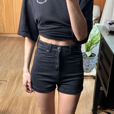 High waisted black denim shorts 