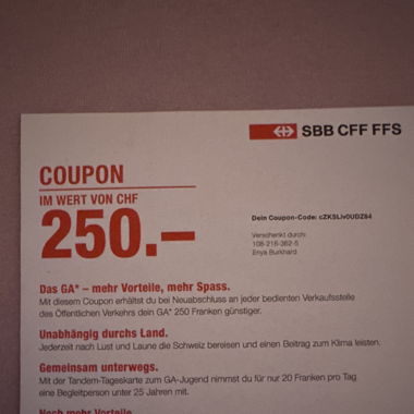 Spare 250 Franken bei Neukauf eines GA‘s