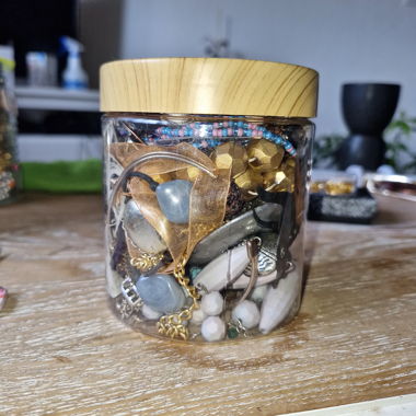 Craft jar - broken jewelry and pearls 