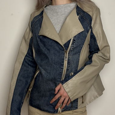 Y2K Denim Faux Leather Biker Jacket Beige Blue