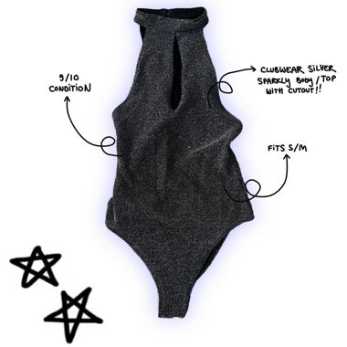 y2k/90s glittery silver bodysuit with cutout