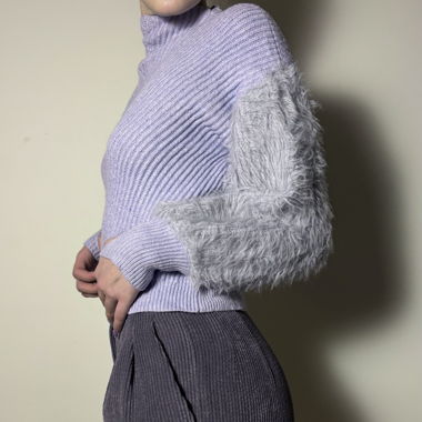 Lavender Rib Knit Sweater Fluffy Sleeves