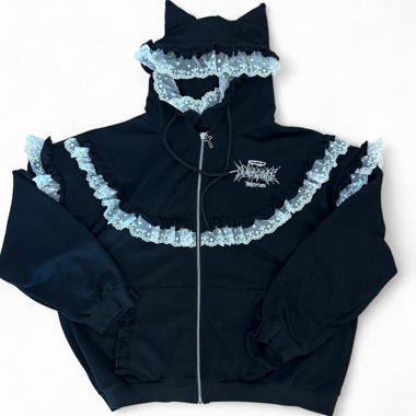 Black oversized, ruffled zip up hoodie with ears