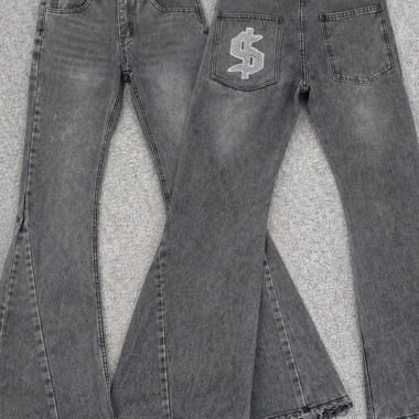 Jeans gris flare Logo brodé – Streetwear