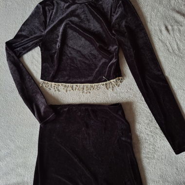 Black Velvet-Effect Fringe Co-ord Set