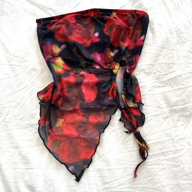 Black and Red Floral Sheer Mesh Handkerchief Top
