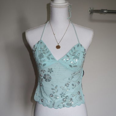 Aqua blue sequin halter top