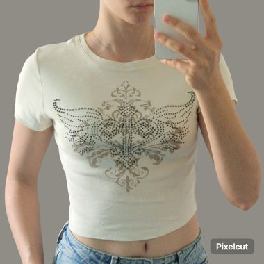 Croptop T-shirt Gr. S beige Strass Y2K Kreuz
