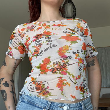 vintage transparentes Mesh-Top mit Print