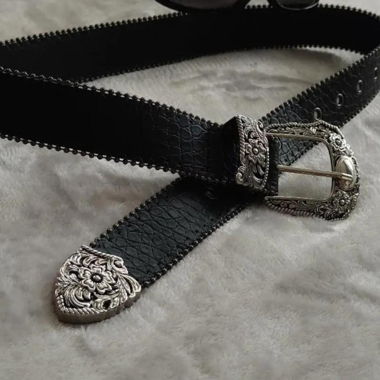 Black and silver western belt with flower