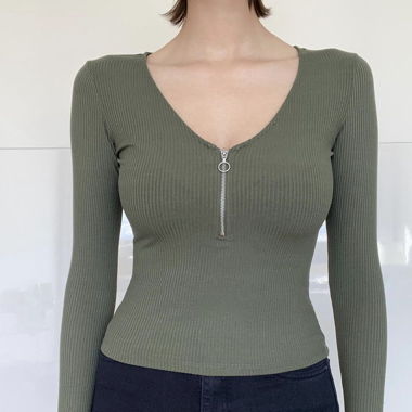 Kaki colored long sleeve top with zipper