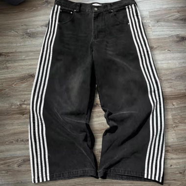 Y2k black baggy jeans with white stripes