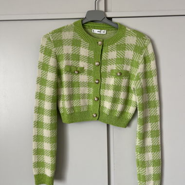 MNG kurzer Karocardigan grün-weiß