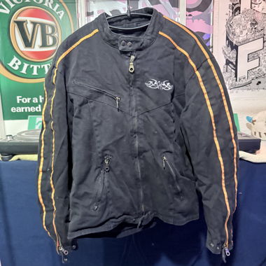 Black motorcycle jacket with orange stripes