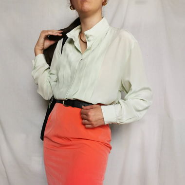 Mint pleats handmade vintage silk blouse