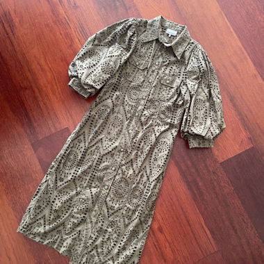 Ganni embroidered shirt dress khaki, size 38