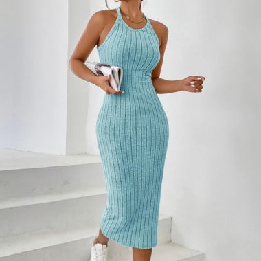 Robe bleu lagon – unicolore, ras du cou