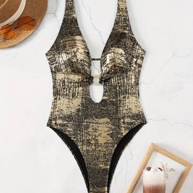 Cutout One-Piece Swimsuit Black Gold Glitter 38 M