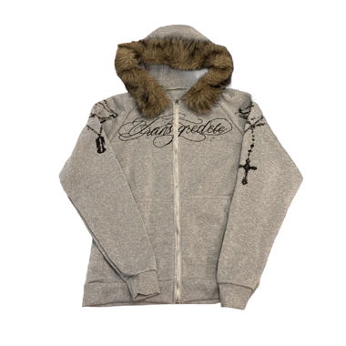 Grey Fur-Trim Zip Hoodie