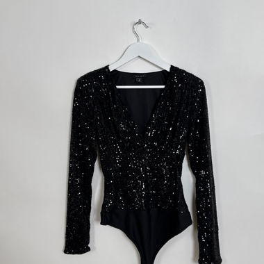 Black Sequin Long Sleeve Bodysuit