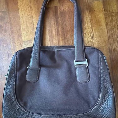 Borsa per laptop marrone in tessuto e pelle