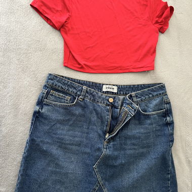 Red Crop Top & Denim Skirt Set
