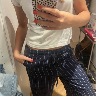 Dark blue linen trousers with pinstripes