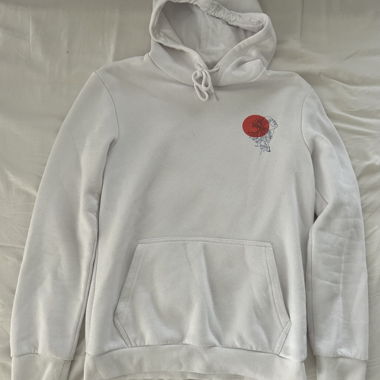 white hoodie with print