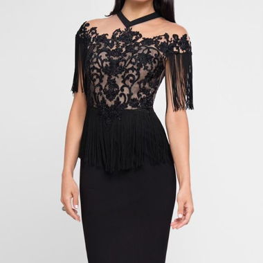 Abito nero con frange Terani Couture