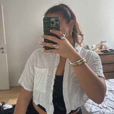 White linen cropped button-up shirt