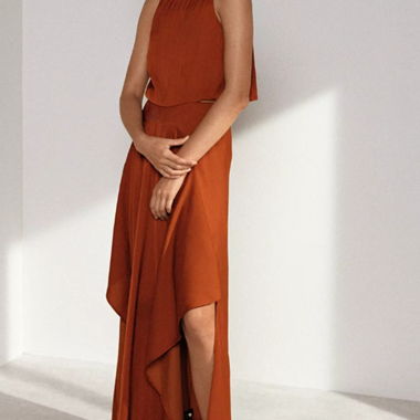 Longue robe maje terracotta, soie, douce, fluide, 