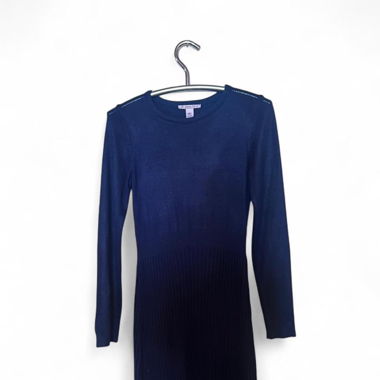 Navy blue midi dress with long sleeves and ruching