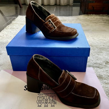 Brown Suede Loafers with block heels