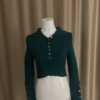 Green Rib-Knit Sweater with Buttons