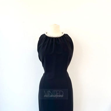 Schwarzes Vintage Etuikleid mit Perlenkragen