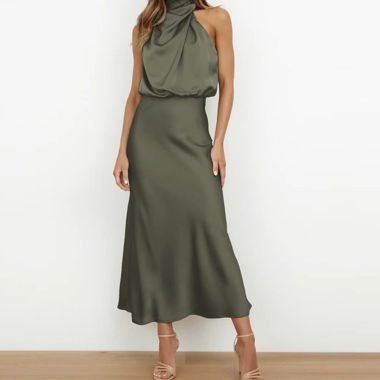 Satin Maxi Dress in Emerald Green