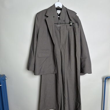 Gray blazer and wide-leg pants