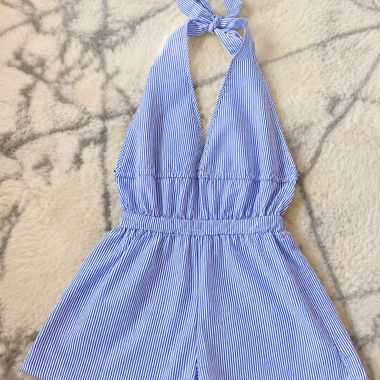 Striped Backless Playsuit Blue White