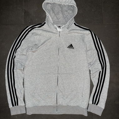 Felpa con cappuccio Adidas grigia con zip e strisce, tg. M