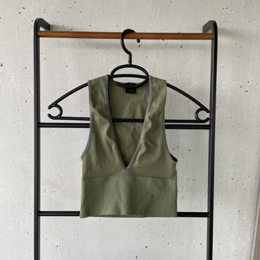 Khaki Ribbed V-Neck Top