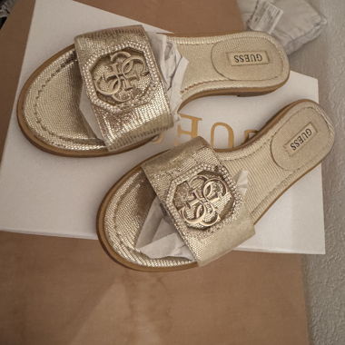 Golden GUESS Mules – Elegant & Comfortable
