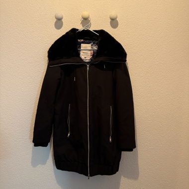 black elvine parka jacket with faux fur hood