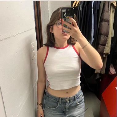 white top with red details