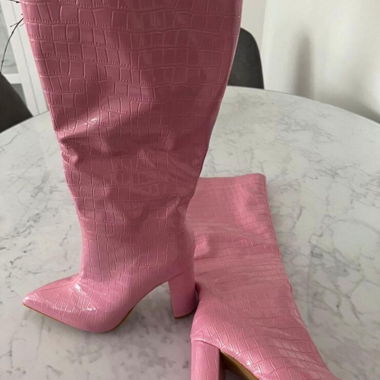 Pink Croc-Effect Heeled Boots