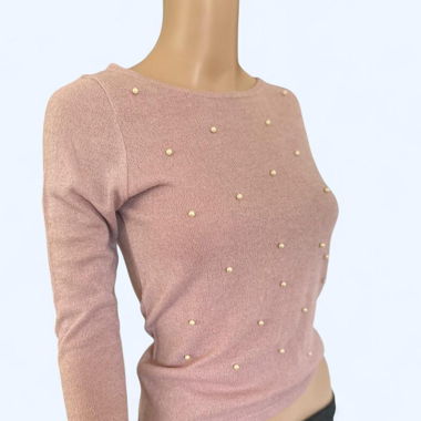 Trendy Powder Pink Pearl-Embroidered Top