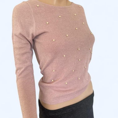 Trendy Powder Pink Pearl-Embroidered Top