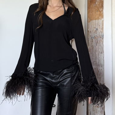 Sheer black feather-trim blouse