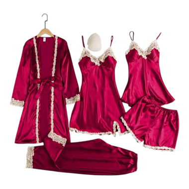 Set Pigiama 5 pezzi in raso con pizzo M