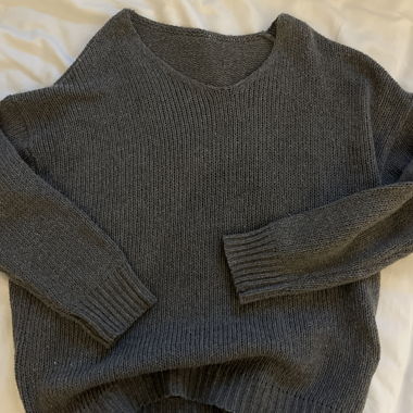 dark grey knitted sweater off-shoulder