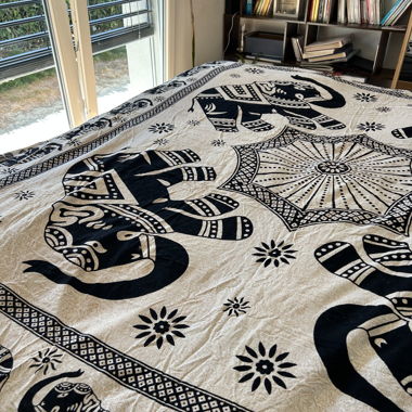 Square Fabric with Black and Beige Elephants